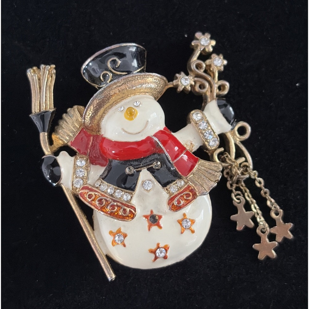 VTG Signed Kirks Folly Snowman Brooch /Star Charms & Aurora Borealis Crystals